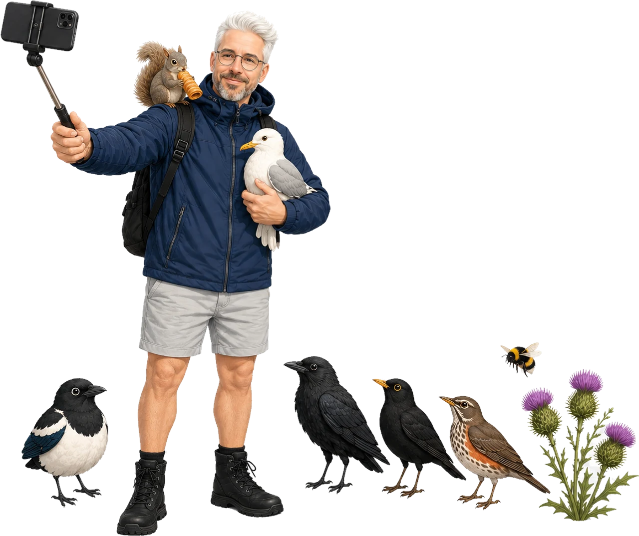 Illustrated David with the Meadows residents: squirrel, seagull, magpie, crows, redwing, bee and thistles